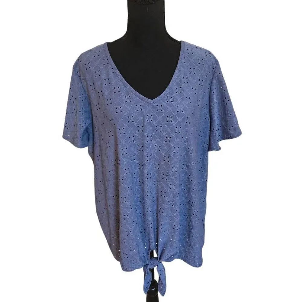 Cha Cha Vente Womens Blue V-Neck Pullover Eyelet Tie Front Blouse Blue Size 1X